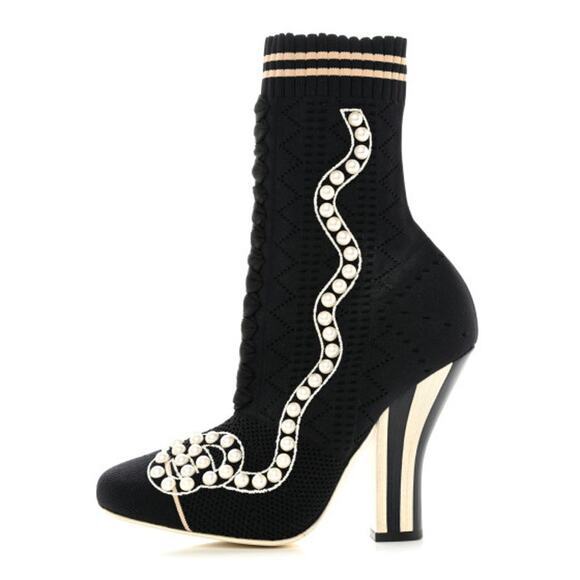 Fendi Rockoko Pearl Embellished Black Stretch Sock Boots 105mm Heels Size 37 - Picture 1 of 13